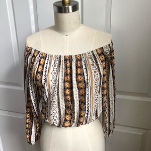 Boho Orange/Yellow & Navy Off the Shoulder Top